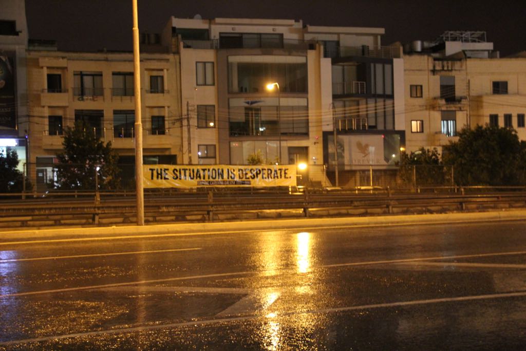 Banners erected last night with Caruana Galizia's last words.