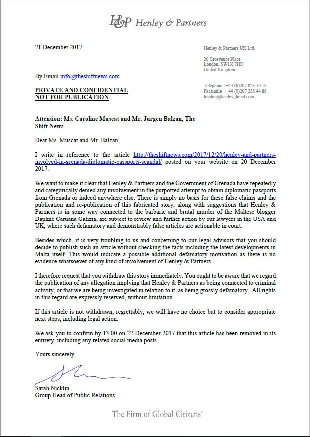 Henley and Partners letter to The Shift