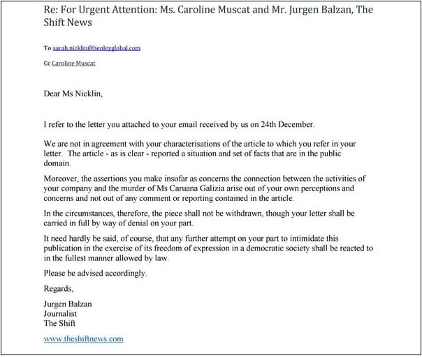 The Shift News reply to Henley & Partners on threat of SLAPP lawsuit.