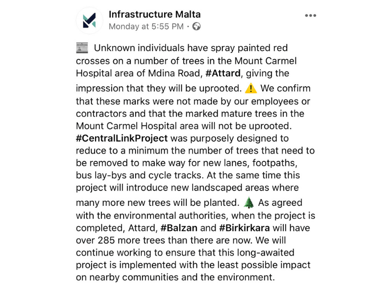 Infrastructure Malta PR 2020 January about vandalised trees with spray paint