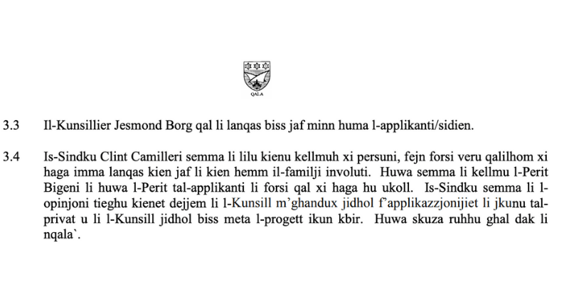 2016 Excuse by Clint Camilleri for leaking council information of objections to Bigeni