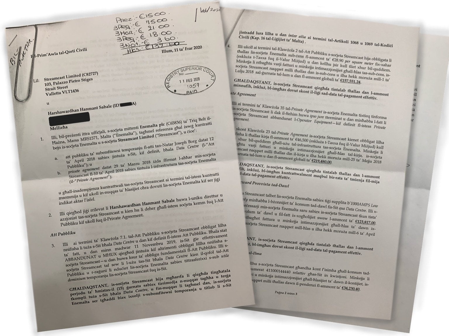 Court documents show Enemalta suing Streamcast for unpaid bills over two years.