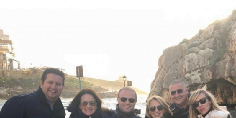 (From left) Minister Edward Zammit Lewis, Michelle Muscat, Joseph Muscat, Diane Izzo, Karl Izzo, and Elena Farrugia, the wife of Zammit Lewis.