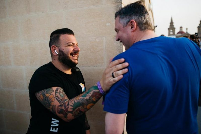 MTA's Head of Events Lionel Gerada (left) greets former Tourism Minister Konrad Mizzi.