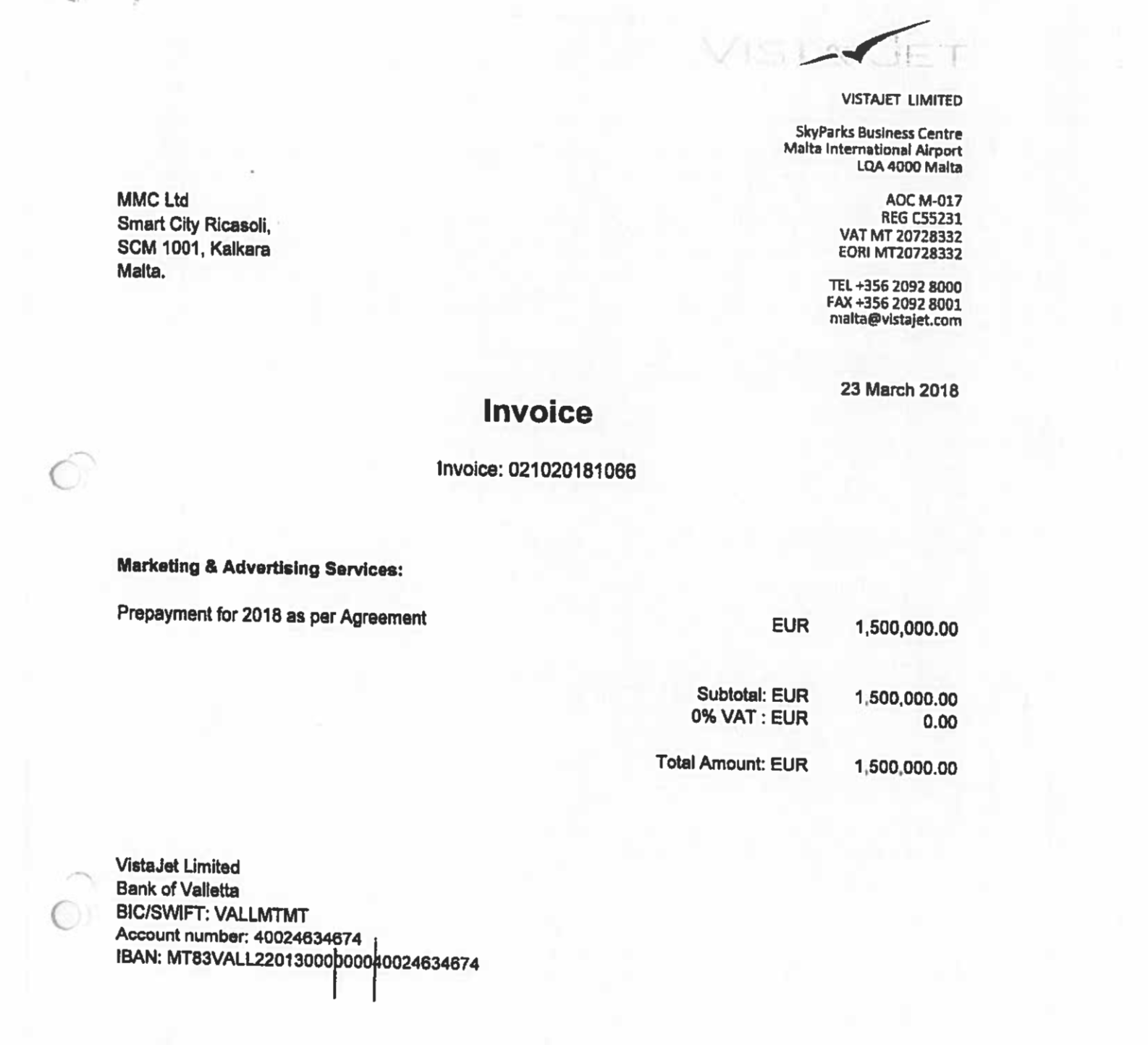 VistaJet MTA invoice